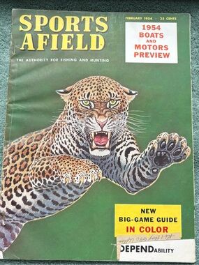 Sports Afield Magazine February 1954, pouncing Leopard illustrated cover